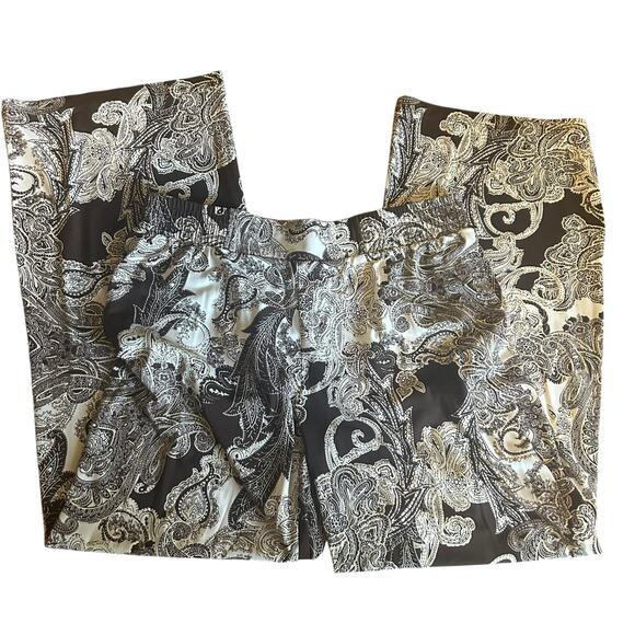 IMAN Easywear Pants SZ LG Brown Gold Trim Paisley Slinky Wide Leg Elastic Waist - Picture 2 of 10